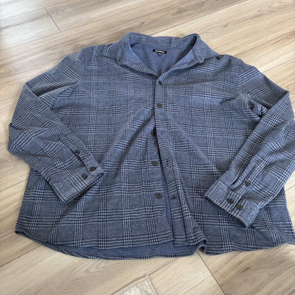 Express Mens XXL Blue Glen Plaid Button Front Long Sleeve Shirt Soft Stretch